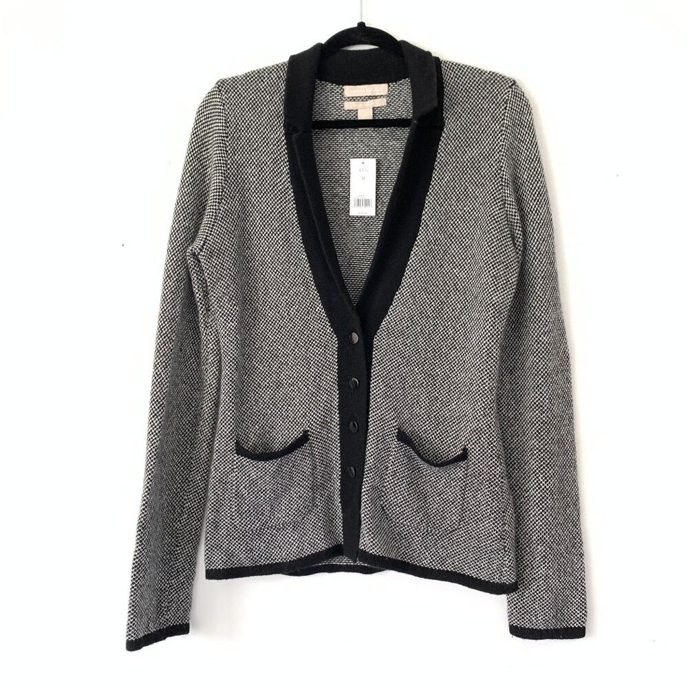 Banana Republic Black White Wool Cashmere Collared Cardigan Sweater Size M READ